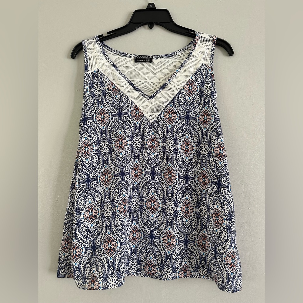Paper moon pink blue lace back geometric tank top size medium petite